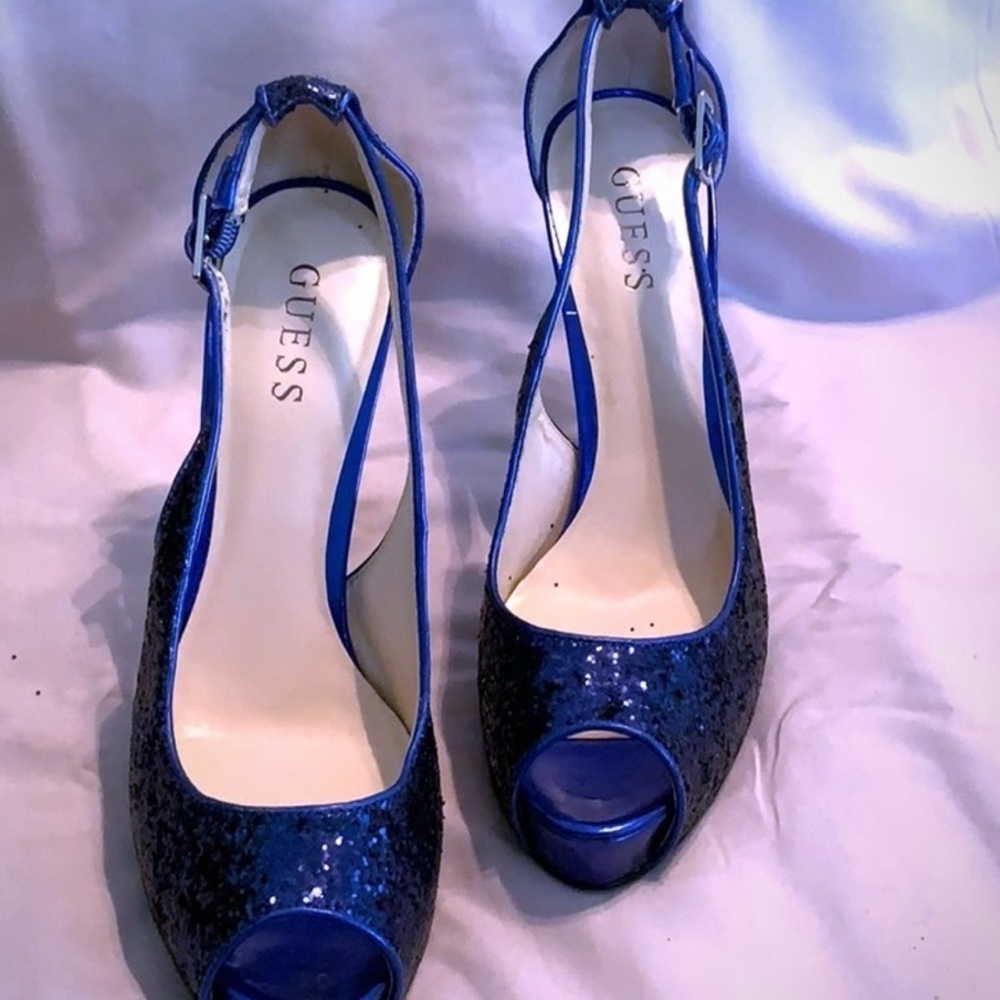 Guess Shimmering Navy Peep Toe Heels